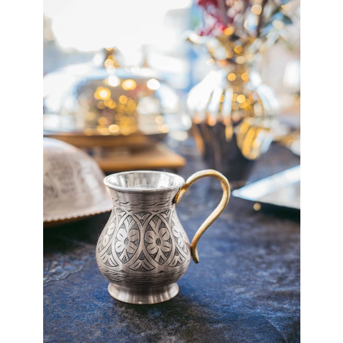 BAKIR AYRAN BARDAĞI İŞLEMELİ MODEL GÜMÜŞ RENK (KALAYLI)