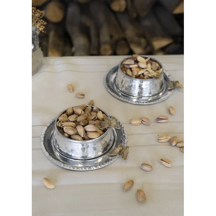 BAKIR ÇEREZLİK KELEBEK DETAYLI TABAKLI MODEL GÜMÜŞ RENK 2Lİ SET(4 PARÇA)