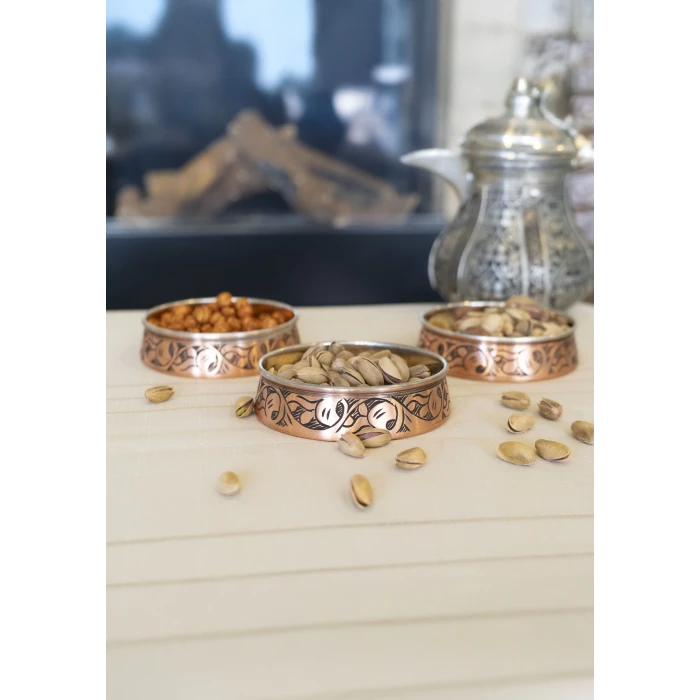 BAKIR ÇEREZLİK OYMA NAKIŞLI 3LÜ MAT BAKIR RENK 10 CM