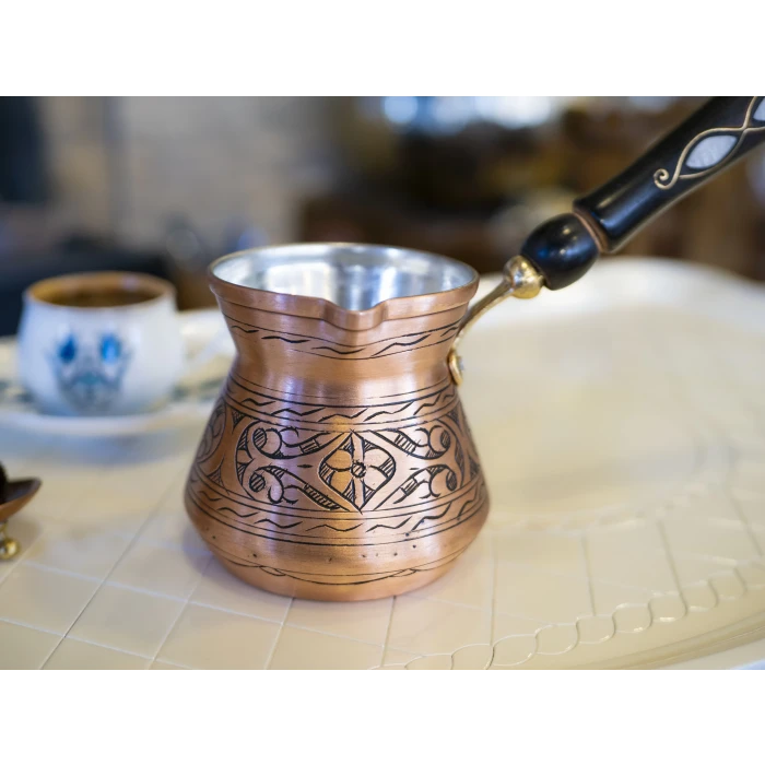 BAKIR CEZVE SEDEF KULPLU İŞLEMELİ TOMBAK MODEL MAT BAKIR RENK 5 KİŞİLİK
