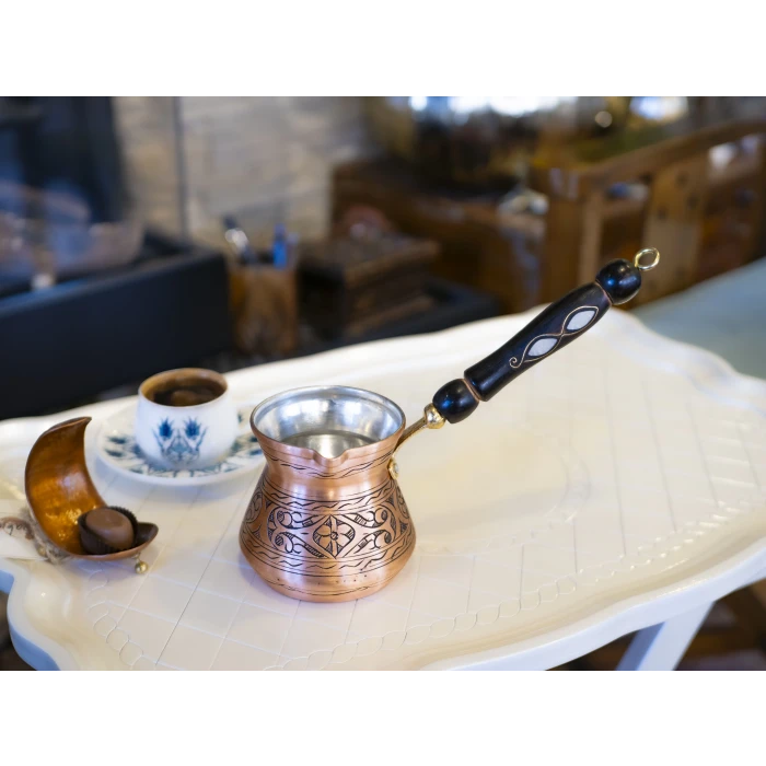 BAKIR CEZVE SEDEF KULPLU İŞLEMELİ TOMBAK MODEL MAT BAKIR RENK 7 KİŞİLİK