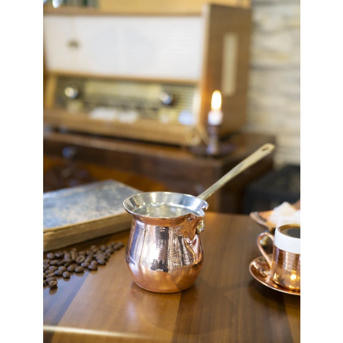 BAKIR CEZVE SETİ MODERN TOMBUL TASARIM BAKIR RENK