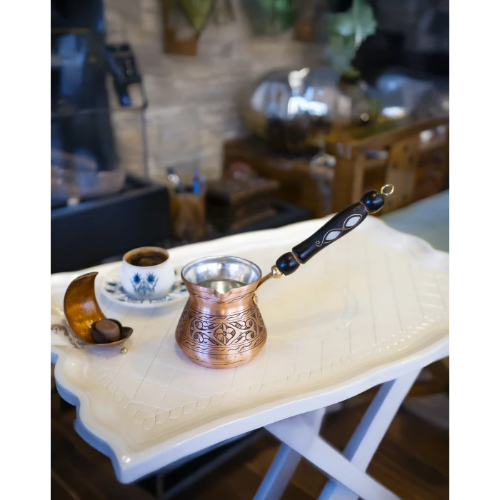 BAKIR CEZVE SEDEF KULPLU İŞLEMELİ TOMBAK MODEL MAT BAKIR RENK 7 KİŞİLİK