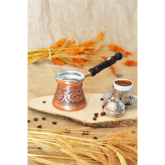 BAKIR CEZVE SEDEF KULPLU OYMA NAKIŞ İŞLEME BAKIR RENK (3 KİŞİLİK)