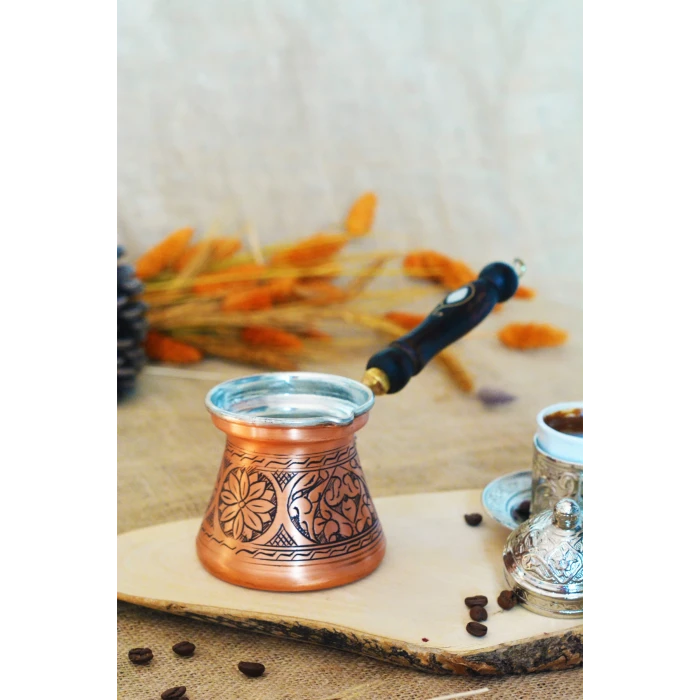 BAKIR CEZVE SEDEF KULPLU OYMA NAKIŞ İŞLEME BAKIR RENK (3 KİŞİLİK)