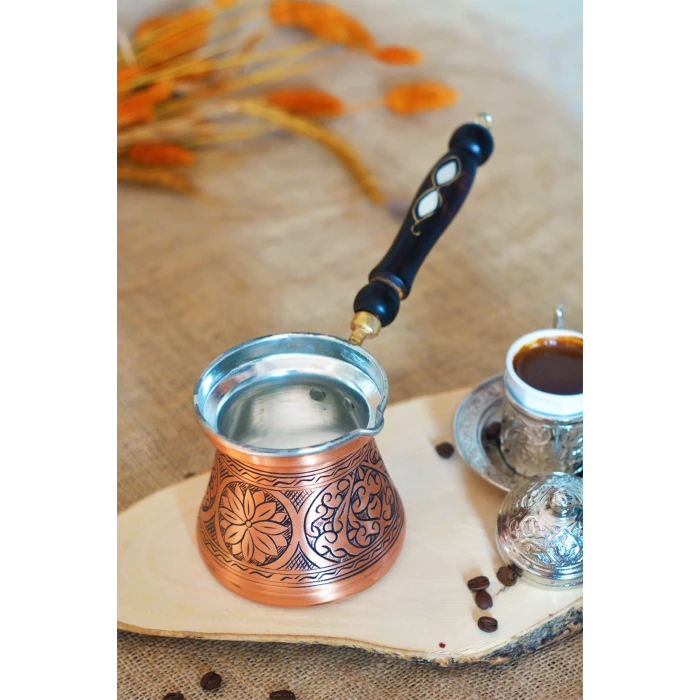 BAKIR CEZVE SEDEF KULPLU OYMA NAKIŞ İŞLEME BAKIR RENK (5 KİŞİLİK)