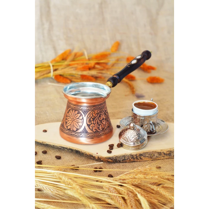 BAKIR CEZVE SEDEF KULPLU OYMA NAKIŞ İŞLEME BAKIR RENK (7 KİŞİLİK)