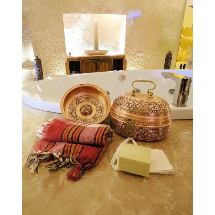 BAKIR HAMAM SETİ OYMA NAKIŞ İŞLEME MAT BAKIR RENK