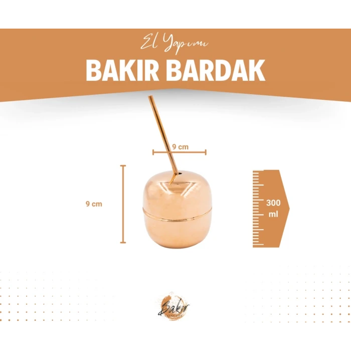 BAKIR KOKTEYL BARDAĞI ELMA FORM VE PİPET PARLAK BAKIR RENK