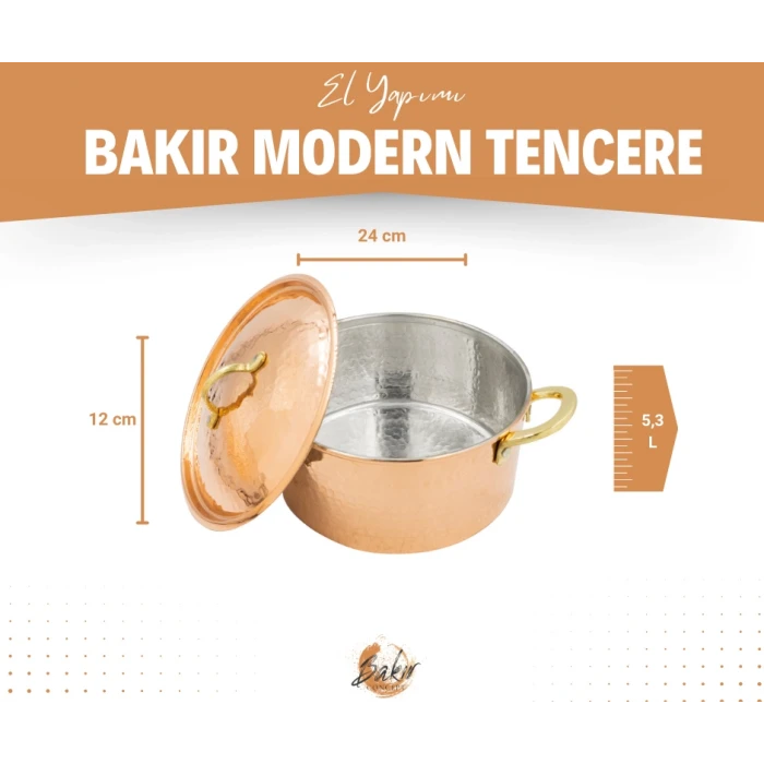 BAKIR MODERN TENCERE DERİN MODEL 24 CM BAKIR RENK