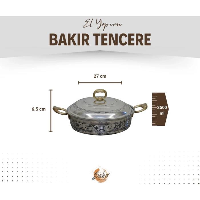 BAKIR PİLAV TENCERESİ OYMA NAKIŞ İŞLEME 27 CM GÜMÜŞ RENK (KALAYLI)