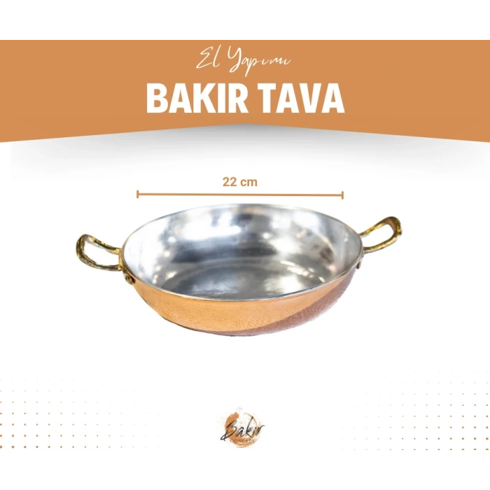 BAKIR TAVA ÇİFT KULPLU MODERN MODEL BAKIR RENK 22 CM