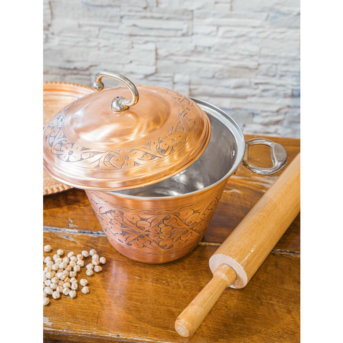 BAKIR TENCERE İŞLEMELİ BÜYÜK MODEL 22 CM