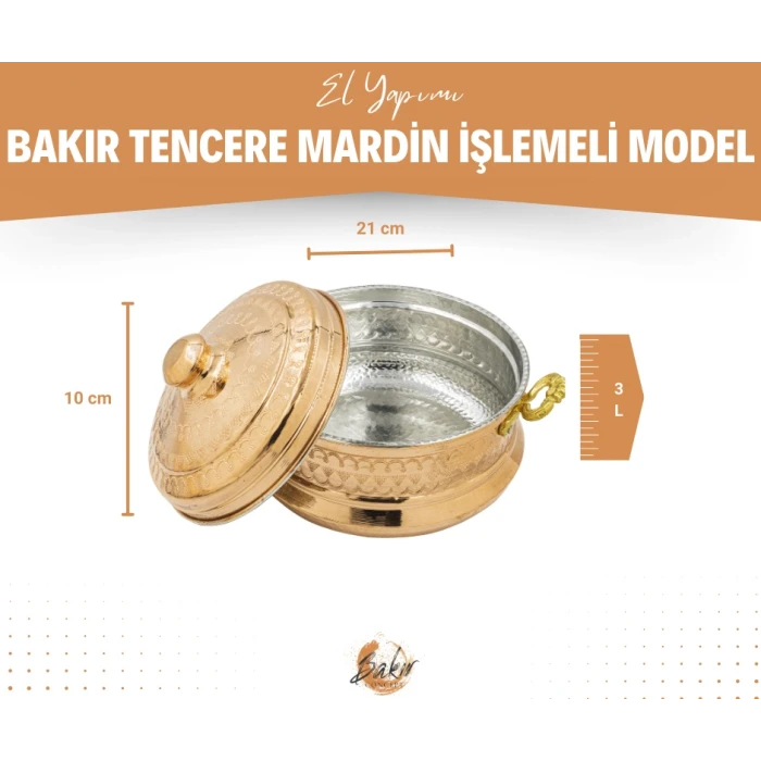 BAKIR TENCERE MARDİN İŞLEMELİ MODEL 3 LİTRE BAKIR RENK
