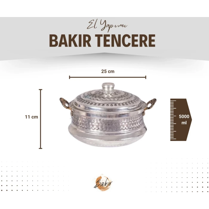 BAKIR TENCERE MARDİN İŞLEMELİ MODEL (5 LİTRE) GÜMÜŞ RENK