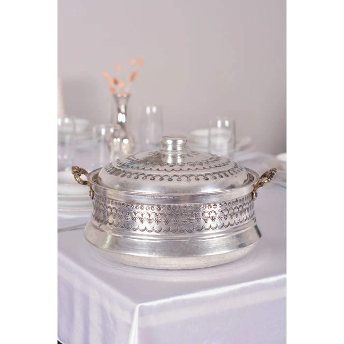 BAKIR TENCERE MARDİN İŞLEMELİ MODEL (8 LİTRE) GÜMÜŞ RENK