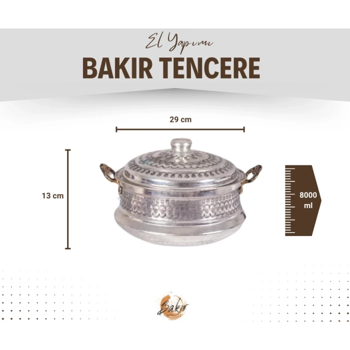 BAKIR TENCERE MARDİN İŞLEMELİ MODEL (8 LİTRE) GÜMÜŞ RENK