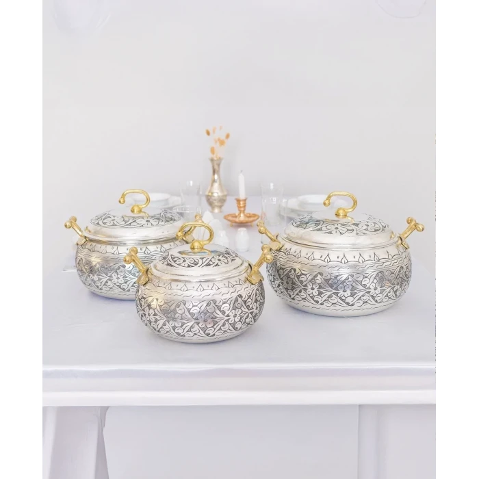 BAKIR TENCERE SETİ AĞIR İŞLEMELİ TOMBUL MODEL GÜMÜŞ RENK (KALAYLI)