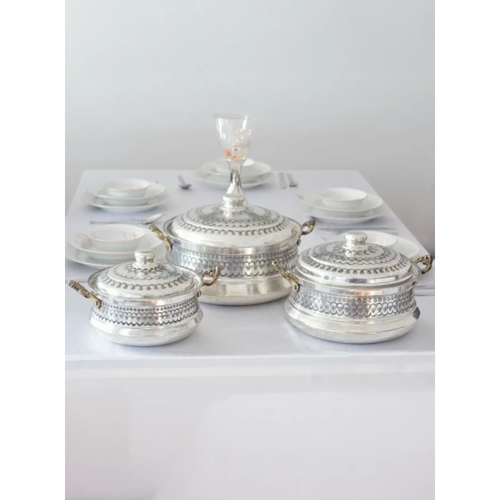 BAKIR TENCERE SETİ MARDİN İŞLEMELİ MODEL GÜMÜŞ RENK(KALAYLI)