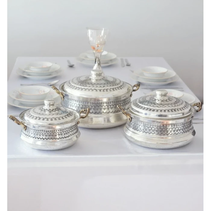 BAKIR TENCERE SETİ MARDİN İŞLEMELİ MODEL GÜMÜŞ RENK(KALAYLI)