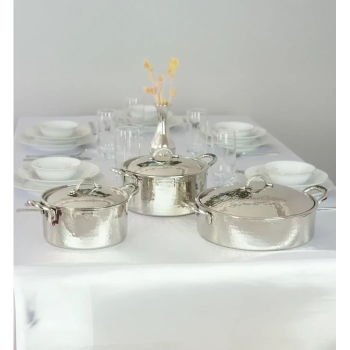 BAKIR TENCERE SETİ MODERN TASARIM GÜMÜŞ RENK