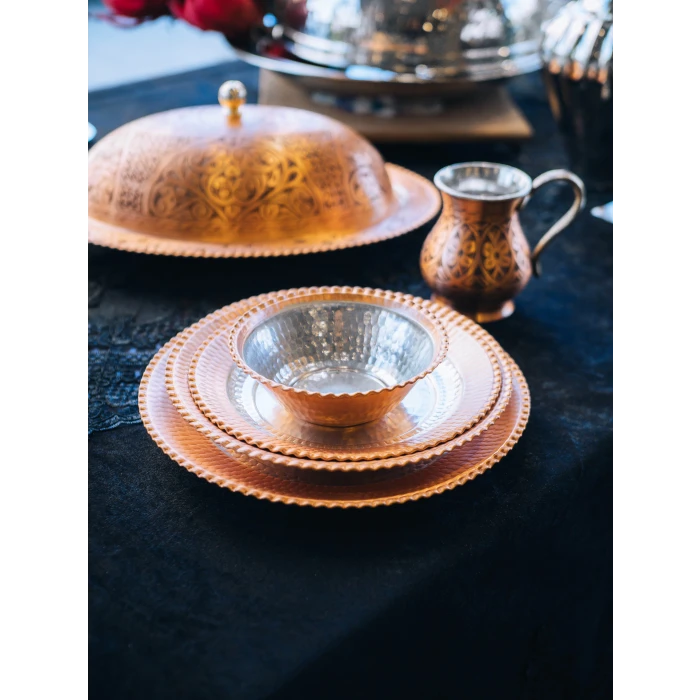 BAKIR YEMEK TAKIMI DAR KIVRIMLI MODEL MAT RENK (6 KİŞİLİK)