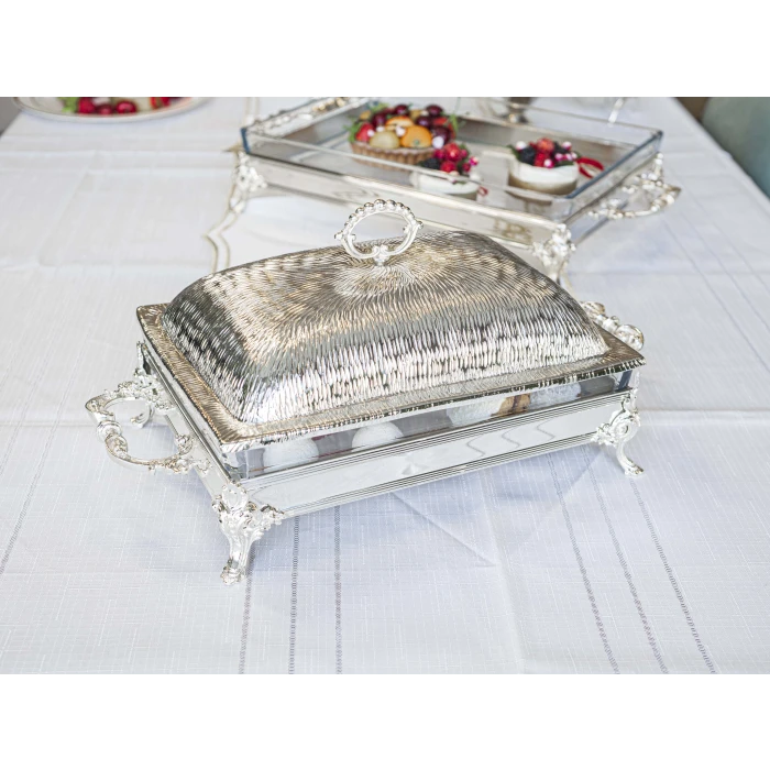 GÜMÜŞ KAPLAMA KAPAKLI SUNUMLUK DİKDÖRTGEN FORM KUMLU DOKU NO1