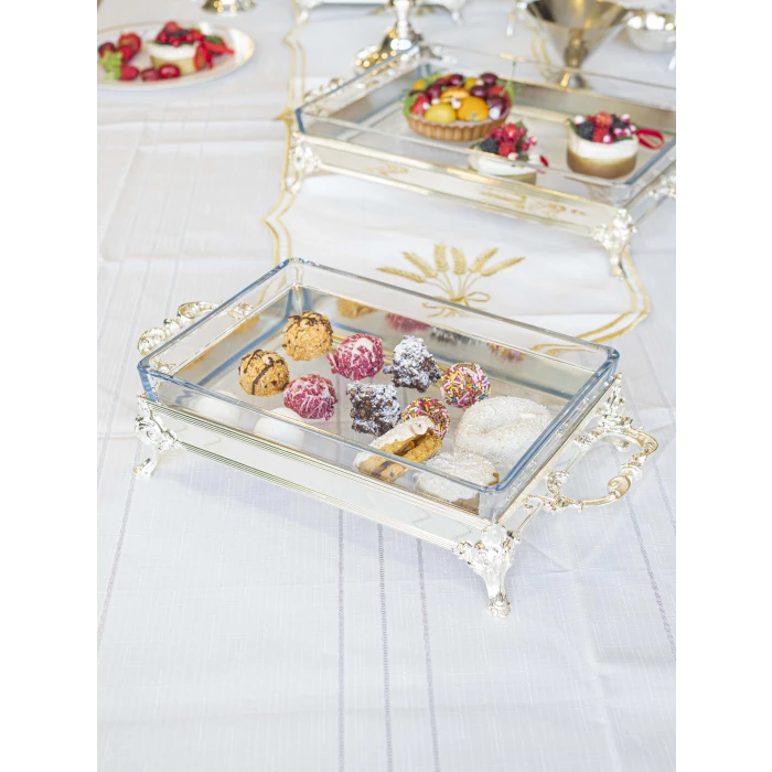 GÜMÜŞ KAPLAMA KAPAKLI SUNUMLUK DİKDÖRTGEN FORM KUMLU DOKU NO1