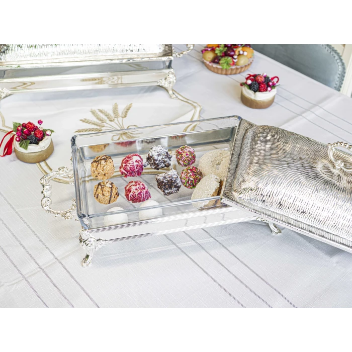 GÜMÜŞ KAPLAMA KAPAKLI SUNUMLUK DİKDÖRTGEN FORM KUMLU DOKU KAPAKLI NO2