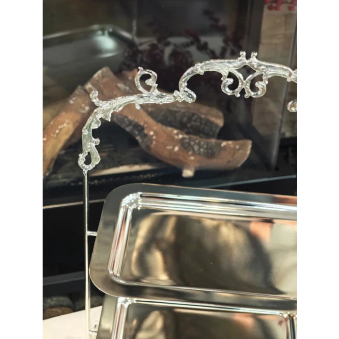 GÜMÜŞ KAPLAMA 2 KATLI TEPSİLİ SUNUMLUK DİKDÖRTGEN