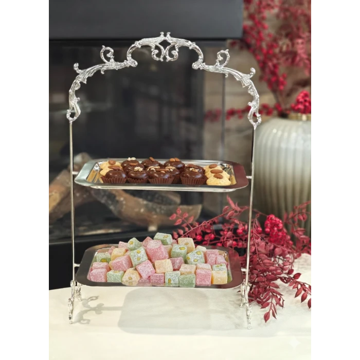 GÜMÜŞ KAPLAMA 2 KATLI TEPSİLİ SUNUMLUK DİKDÖRTGEN