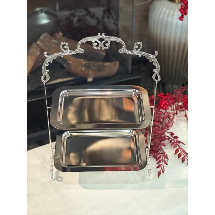 GÜMÜŞ KAPLAMA 2 KATLI TEPSİLİ SUNUMLUK DİKDÖRTGEN