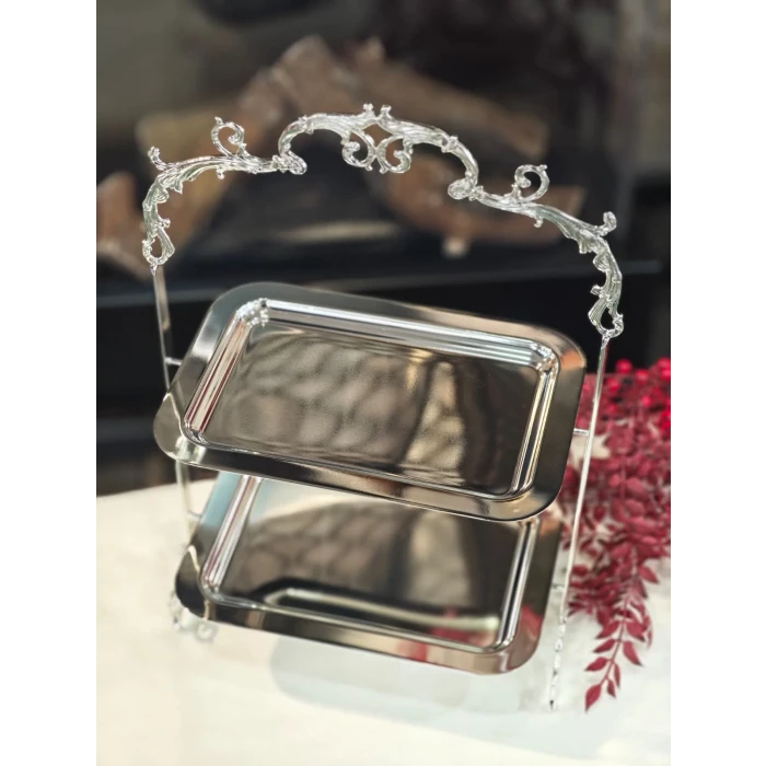 GÜMÜŞ KAPLAMA 2 KATLI TEPSİLİ SUNUMLUK DİKDÖRTGEN