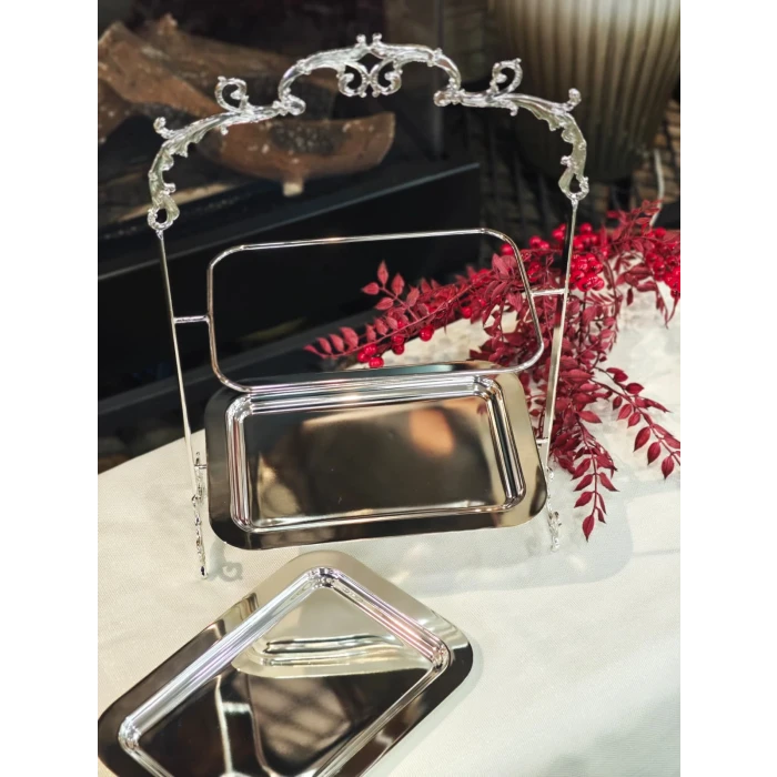 GÜMÜŞ KAPLAMA 2 KATLI TEPSİLİ SUNUMLUK DİKDÖRTGEN