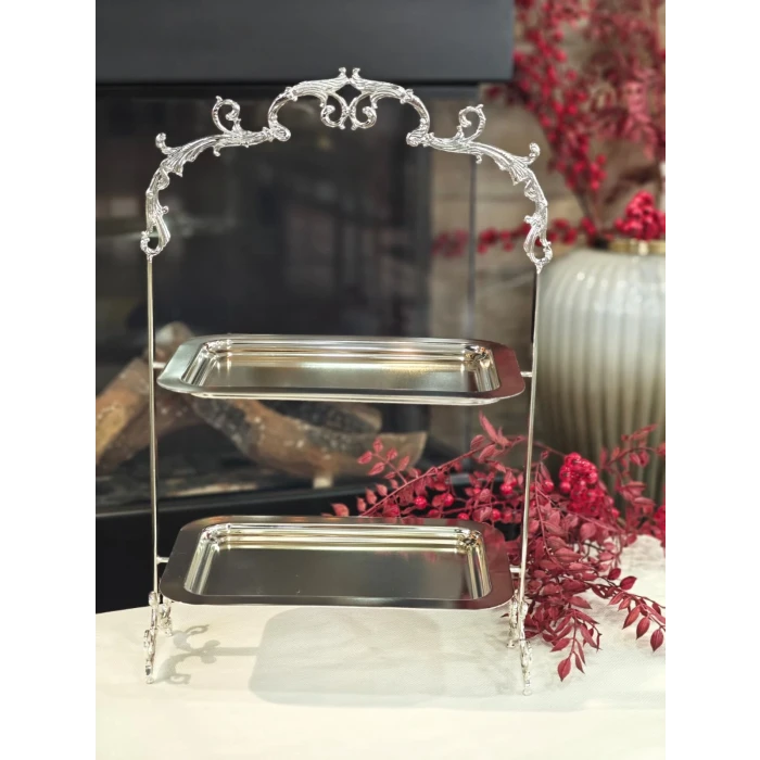 GÜMÜŞ KAPLAMA 2 KATLI TEPSİLİ SUNUMLUK DİKDÖRTGEN