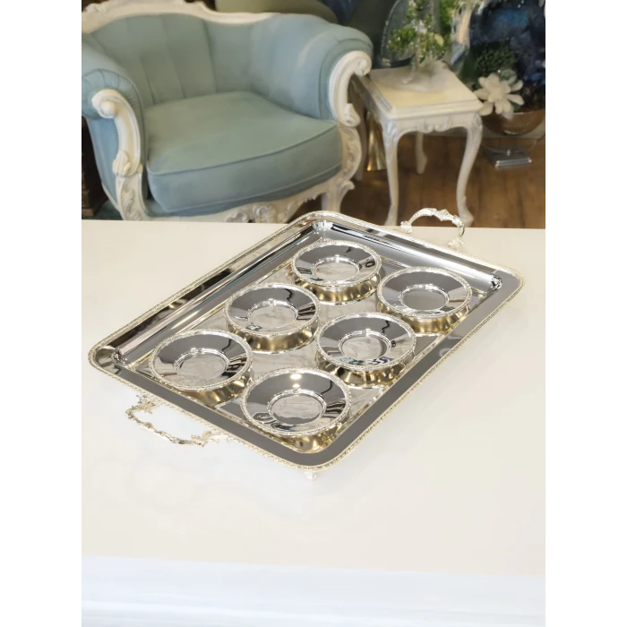 GÜMÜŞ KAPLAMA ÇAY TABAĞI İNGİLİZ BORDÜRLÜ MODEL ( 6 ADET)