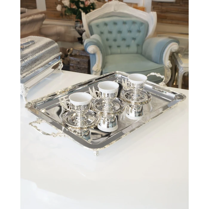 GÜMÜŞ KAPLAMA ÇAY TEPSİSİ BAŞAK BORDÜRLÜ MODEL