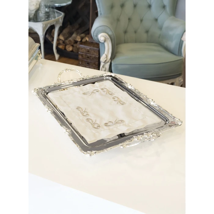 GÜMÜŞ KAPLAMA ÇAY TEPSİSİ GÜL BORDÜRLÜ MODEL