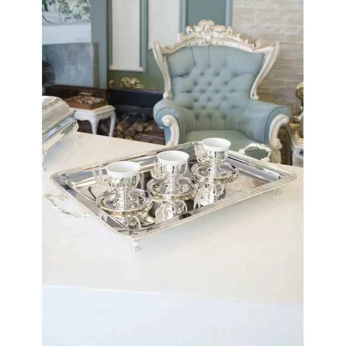 GÜMÜŞ KAPLAMA ÇAY TEPSİSİ İNGİLİZ BORDÜRLÜ MODEL