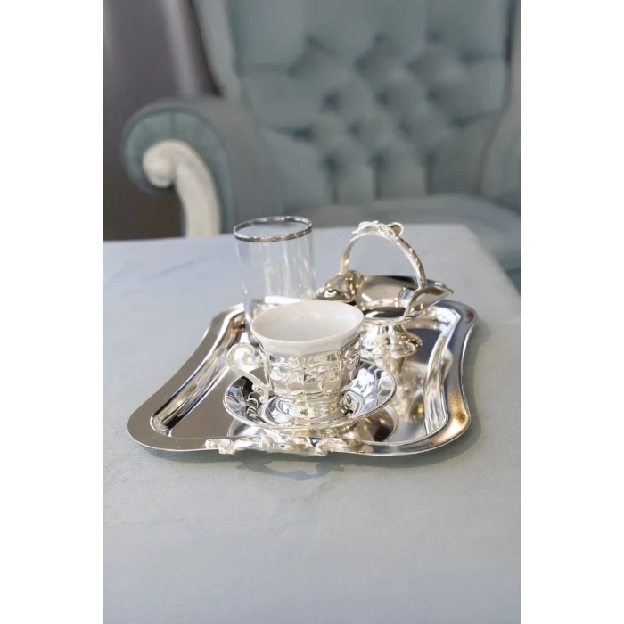 GÜMÜŞ KAPLAMA FİNCAN SETİ KÖŞELİ VE KABARTMA MOTİFLİ MODEL