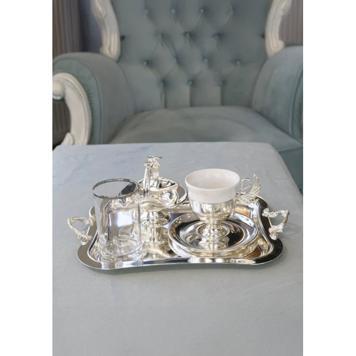 GÜMÜŞ KAPLAMA FİNCAN SETİ KUĞU DETAYLI MODEL