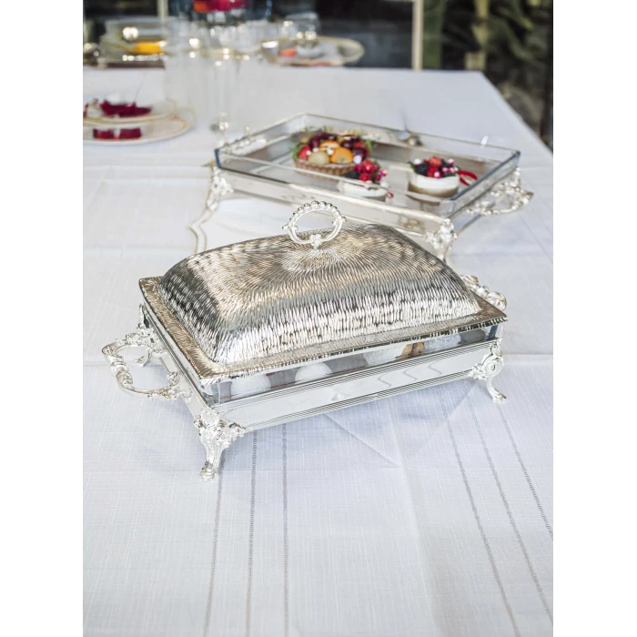 GÜMÜŞ KAPLAMA KAPAKLI SUNUMLUK DİKDÖRTGEN FORM KUMLU DOKU KAPAKLI NO2