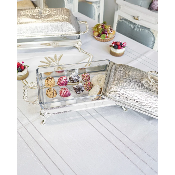 GÜMÜŞ KAPLAMA KAPAKLI SUNUMLUK DİKDÖRTGEN FORM KUMLU DOKU NO1