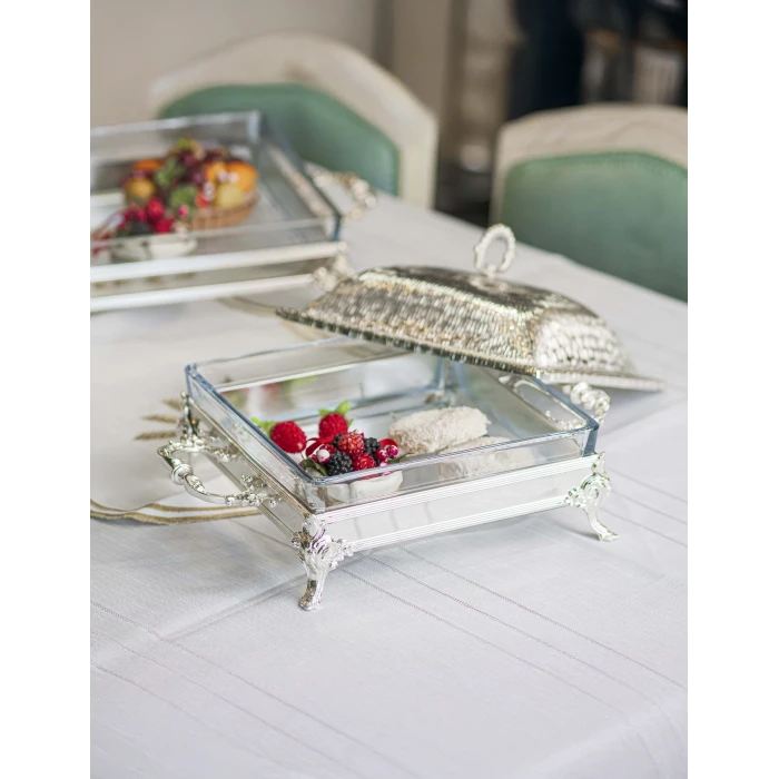 GÜMÜŞ KAPLAMA KAPAKLI SUNUMLUK KARE FORM KUMLU DOKU no1