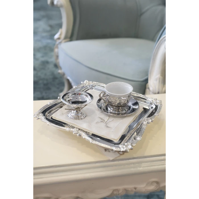 GÜMÜŞ KAPLAMA SUNUM TEPSİSİ GÜL BORDÜRLÜ MODEL KARE FORM