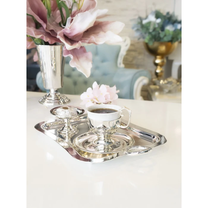 GÜMÜŞ KAPLAMA SUNUM TEPSİSİ HALKA DETAYLI DİKDÖRTGEN FORM (Tek kişilik boy)