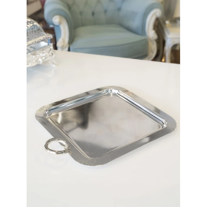 GÜMÜŞ KAPLAMA SUNUM TEPSİSİ HALKA DETAYLI KARE FORM (TEK KİŞİLİK)