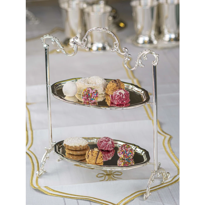 GÜMÜŞ KAPLAMA İKİ KATLI TEPSİLİ SUNUMLUK OVAL FORM