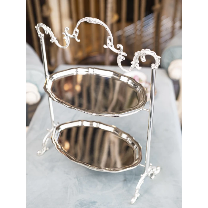 GÜMÜŞ KAPLAMA İKİ KATLI TEPSİLİ SUNUMLUK OVAL FORM