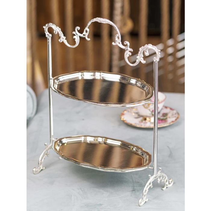 GÜMÜŞ KAPLAMA İKİ KATLI TEPSİLİ SUNUMLUK OVAL FORM